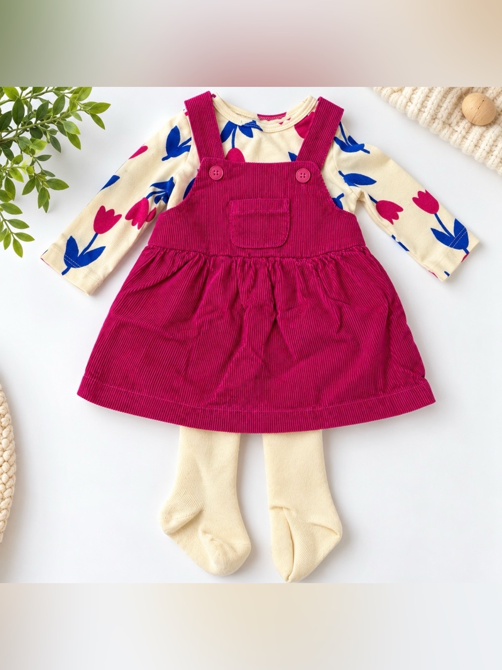Baby Girl 3-Piece Outfit Set Floral Top Corduroy Pinafore Dress Footed Tights